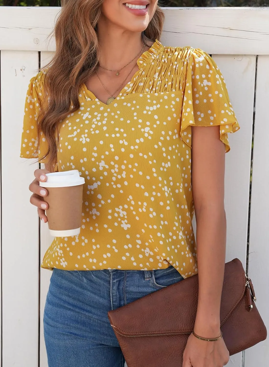 SHEWIN Women's Casual V Neck Floral Print Smocked Short Sleeve Chiffon Blouses Bohemian Top Shirts