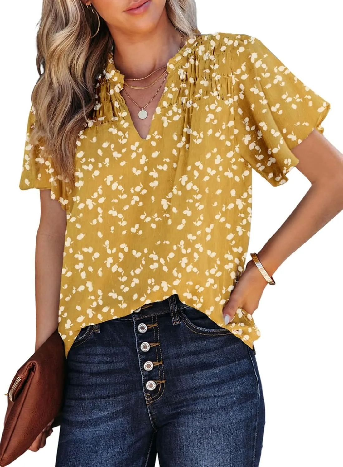 SHEWIN Women's Casual V Neck Floral Print Smocked Short Sleeve Chiffon Blouses Bohemian Top Shirts