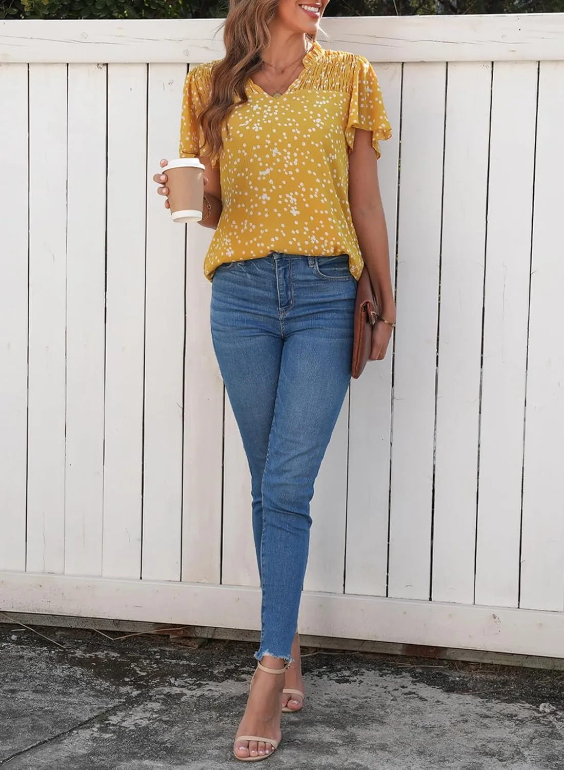 SHEWIN Women's Casual V Neck Floral Print Smocked Short Sleeve Chiffon Blouses Bohemian Top Shirts