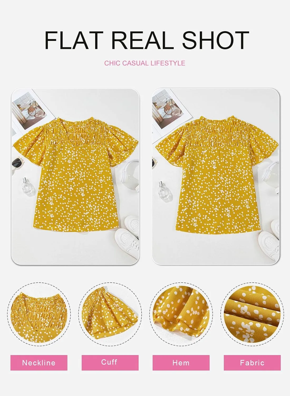 SHEWIN Women's Casual V Neck Floral Print Smocked Short Sleeve Chiffon Blouses Bohemian Top Shirts