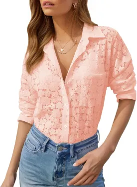 siliteelon Womens Lace Shirts Dressy Button Down Shirts Embroidered Blouses Cotton Eyelet Long Sleeve Collared Tops