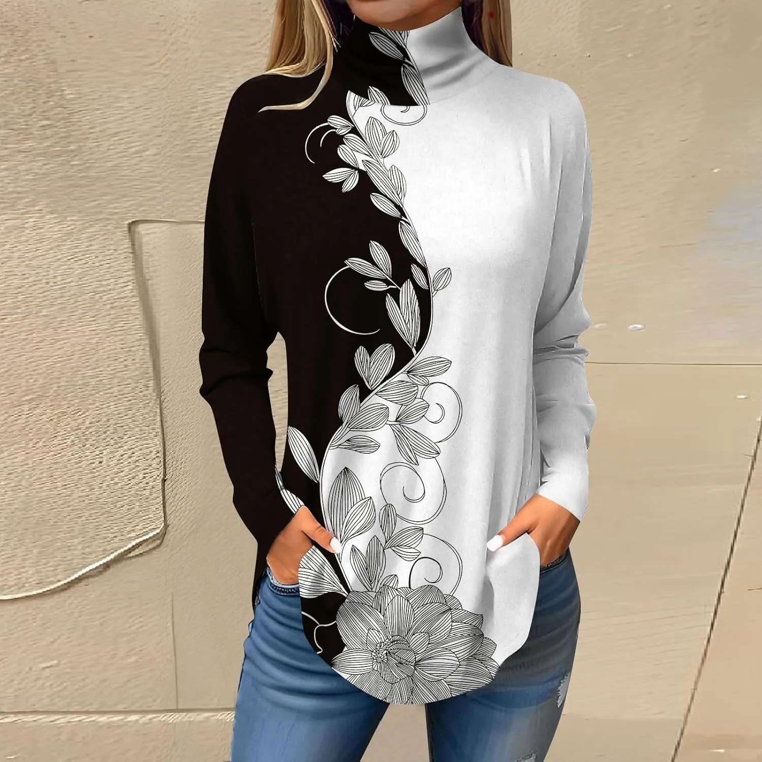 slqdgmryz Turtle Necks Tops for Women Long Sleeve Fall Shirts Mock Turtleneck Dressy Blouses Drop Shoulder Long Tunic Tops