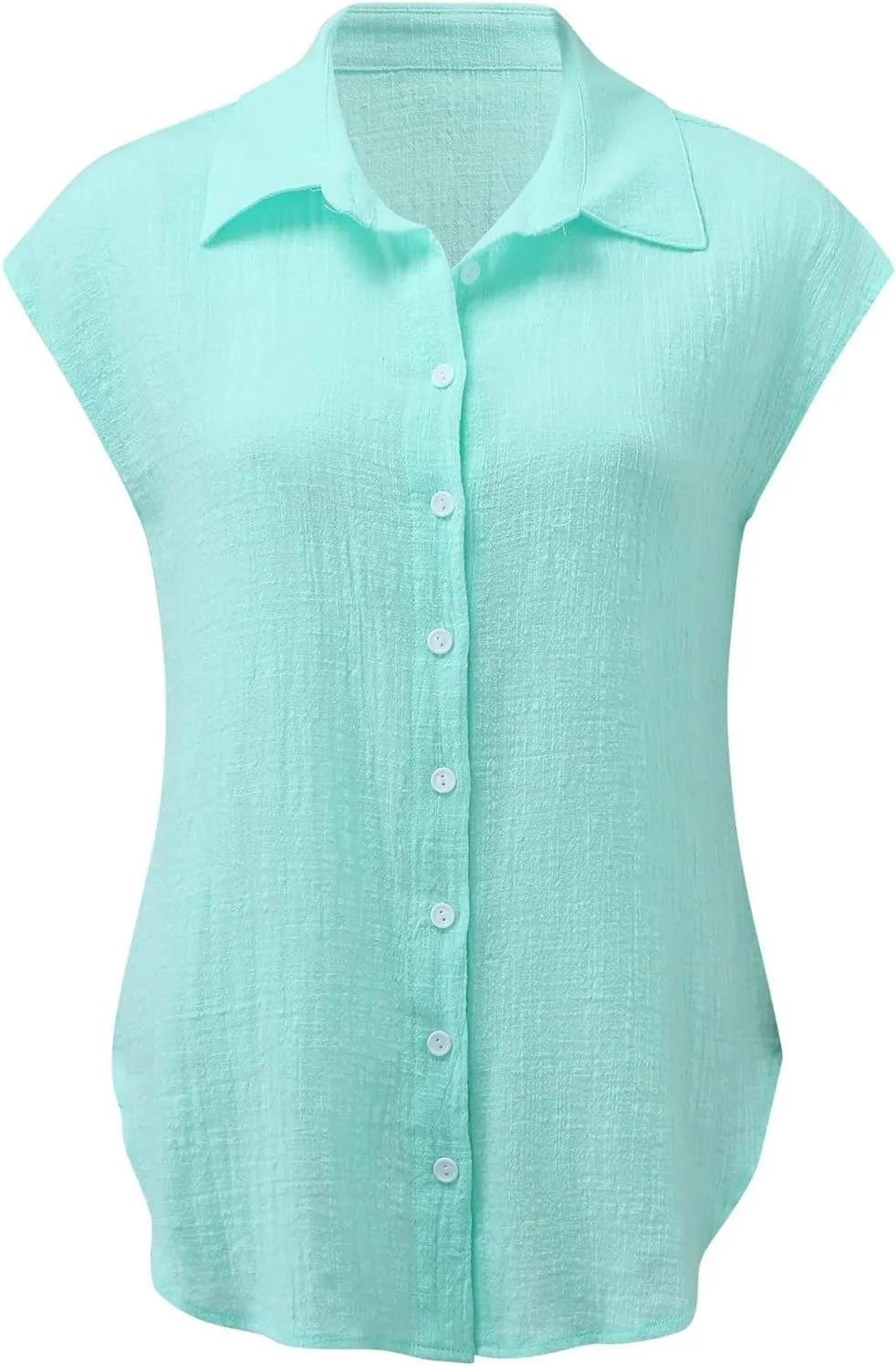 Summer Tops for Women 2024 Trendy Cotton Linen Button Down Shirts Dressy Cap Sleeve Collared Business Casual Blouses