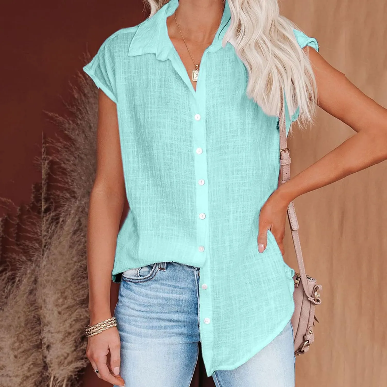 Summer Tops for Women 2024 Trendy Cotton Linen Button Down Shirts Dressy Cap Sleeve Collared Business Casual Blouses