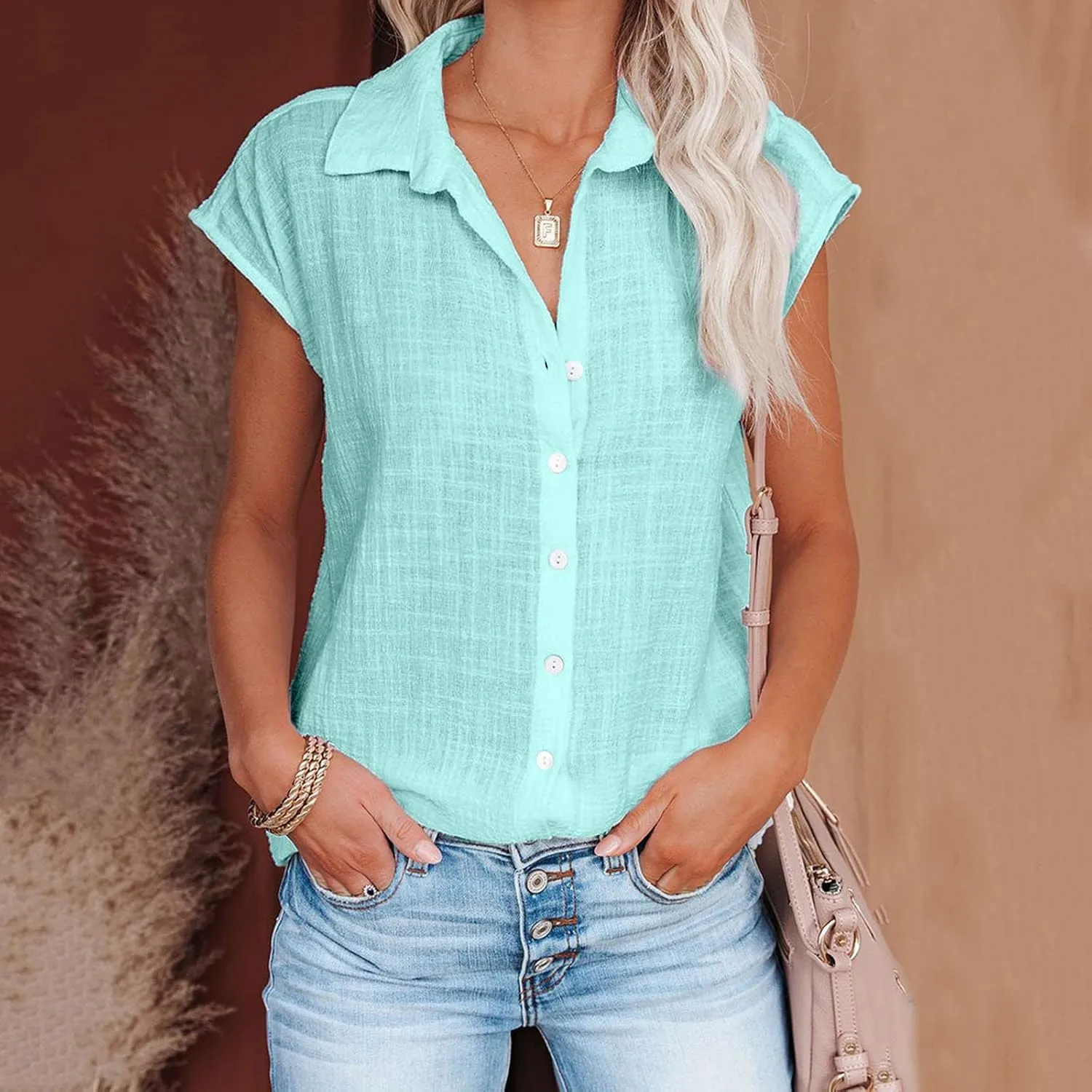 Summer Tops for Women 2024 Trendy Cotton Linen Button Down Shirts Dressy Cap Sleeve Collared Business Casual Blouses