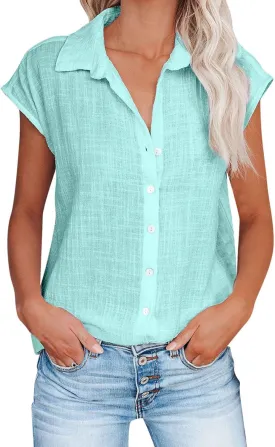 Summer Tops for Women 2024 Trendy Cotton Linen Button Down Shirts Dressy Cap Sleeve Collared Business Casual Blouses