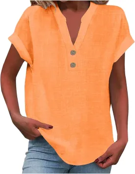 Summer Tops for Women 2025 Trendy Short Sleeve Cotton Linen Shirt Casual Button v Neck Tunic Blouses Outfits