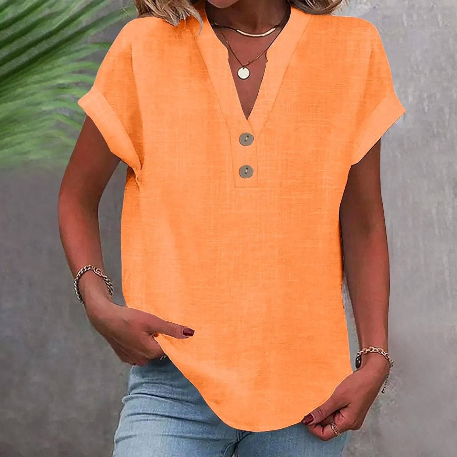 Summer Tops for Women 2025 Trendy Short Sleeve Cotton Linen Shirt Casual Button v Neck Tunic Blouses Outfits