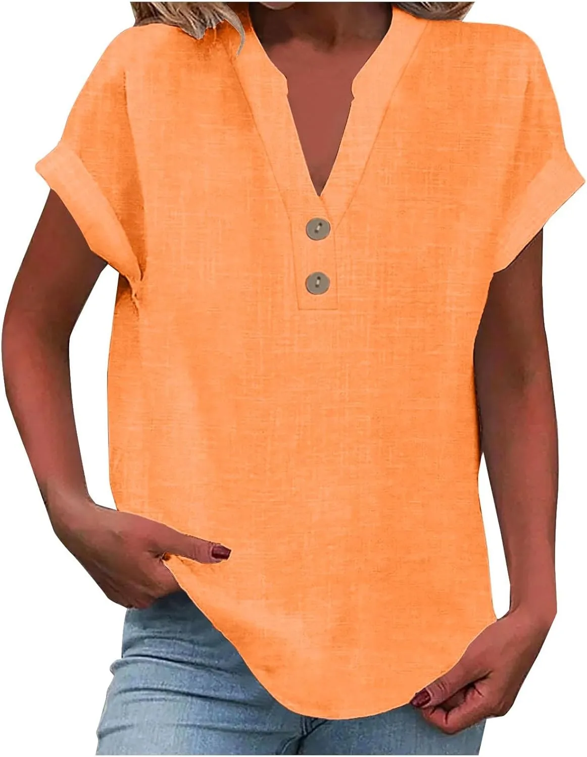 Summer Tops for Women 2025 Trendy Short Sleeve Cotton Linen Shirt Casual Button v Neck Tunic Blouses Outfits