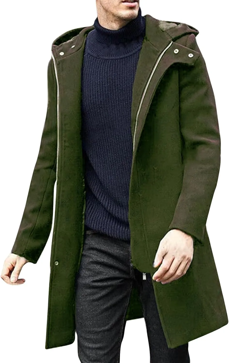 Trench Coat Men Wool Blend Double Breasted Notched Lapel Slim Fit Mid Long Windbreaker Causal Business Overcoat