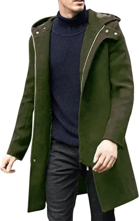 Trench Coat Men Wool Blend Double Breasted Notched Lapel Slim Fit Mid Long Windbreaker Causal Business Overcoat