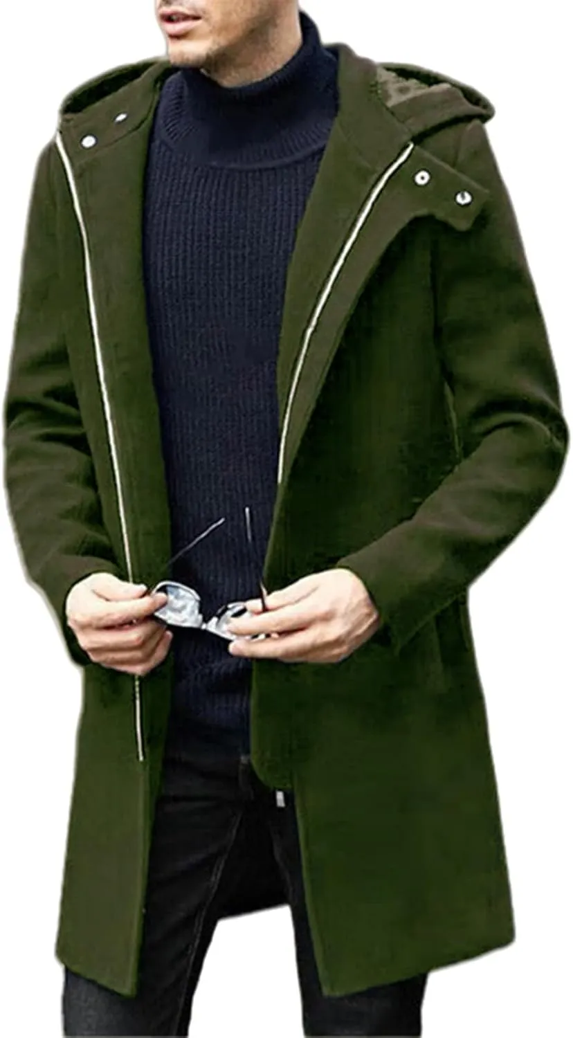 Trench Coat Men Wool Blend Double Breasted Notched Lapel Slim Fit Mid Long Windbreaker Causal Business Overcoat