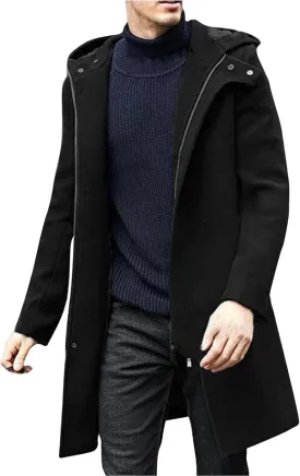 Trench Coat Men Wool Blend Double Breasted Notched Lapel Slim Fit Mid Long Windbreaker Causal Business Overcoat
