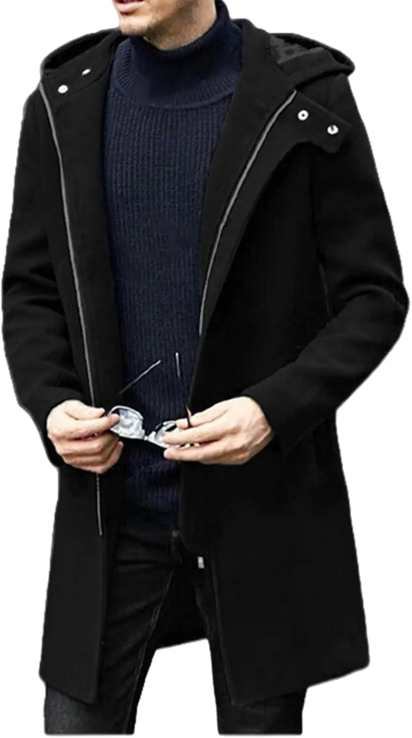 Trench Coat Men Wool Blend Double Breasted Notched Lapel Slim Fit Mid Long Windbreaker Causal Business Overcoat