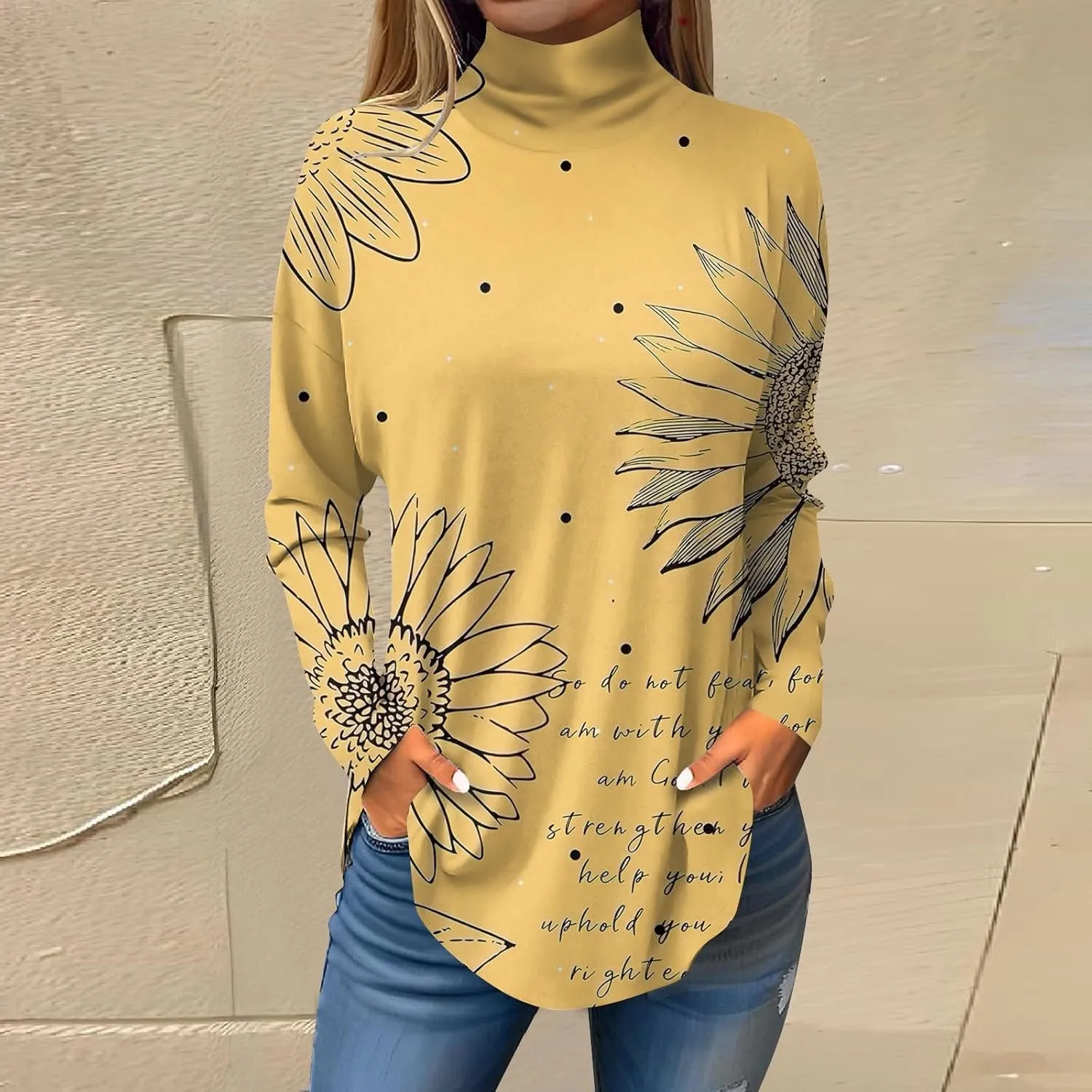 Tunic Tops for Women Loose Fit Fall Long Sleeve Shirts Mock Neck Work Tops Turtle Neck Side Split Floral Print Blouses