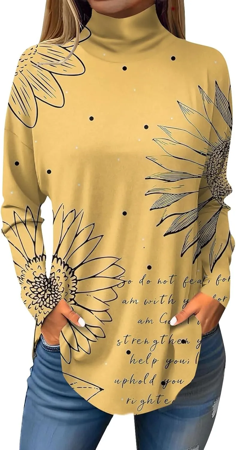 Tunic Tops for Women Loose Fit Fall Long Sleeve Shirts Mock Neck Work Tops Turtle Neck Side Split Floral Print Blouses