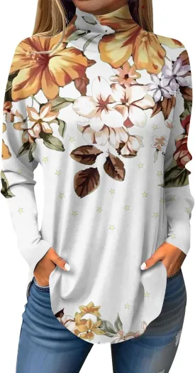 Tunic Tops for Women Loose Fit Fall Long Sleeve Shirts Mock Neck Work Tops Turtle Neck Side Split Floral Print Blouses