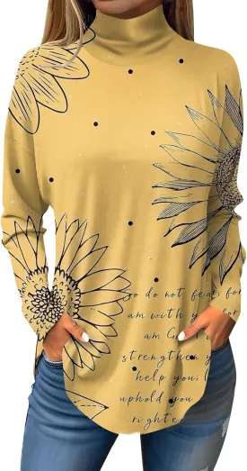 Tunic Tops for Women Loose Fit Fall Long Sleeve Shirts Mock Neck Work Tops Turtle Neck Side Split Floral Print Blouses