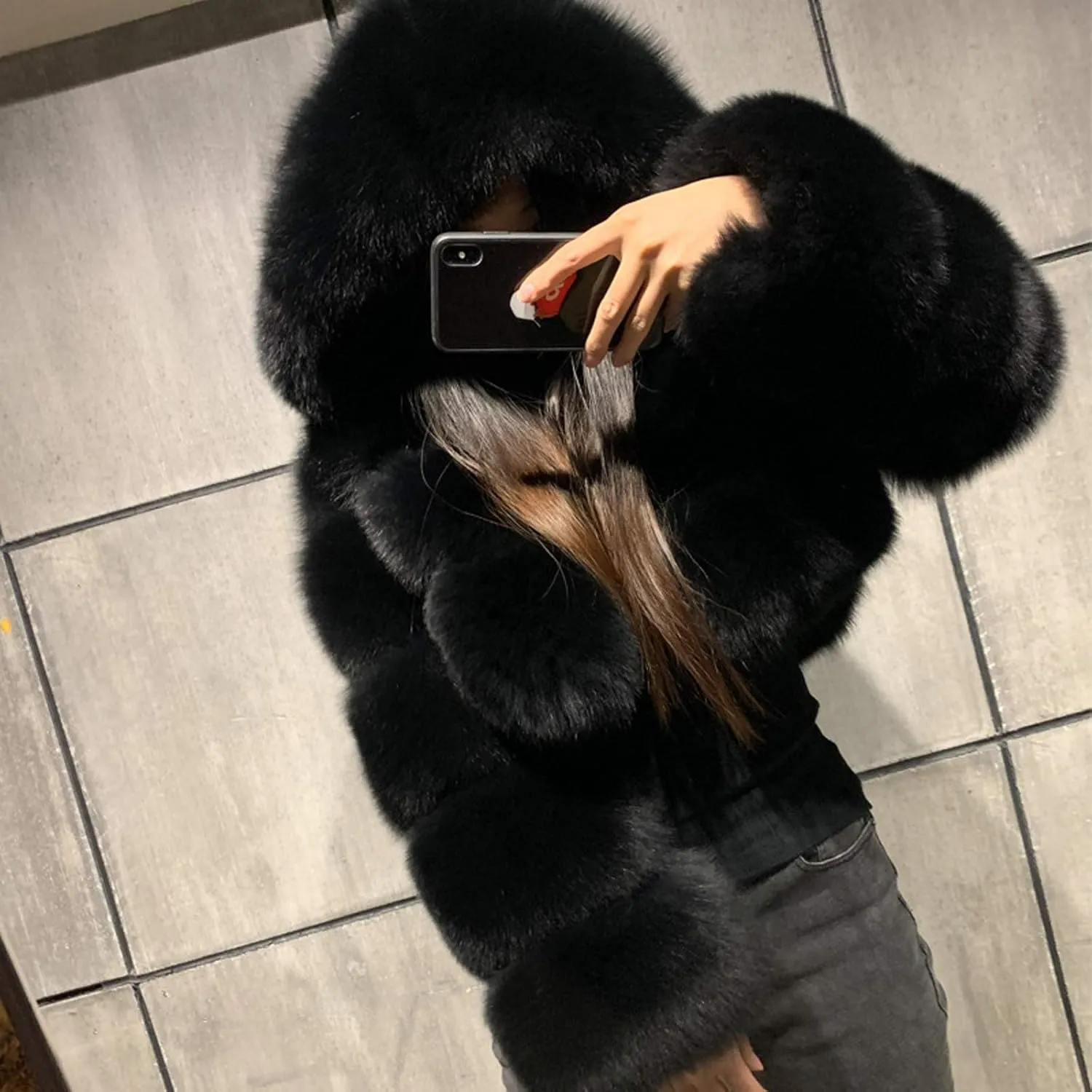 Uillui Women's Winter Short Faux Fur Coats Hooded Warm Fluffy Cropped Jacket Fleece Teddy Jacket Long Sleeve Warm Outerwear