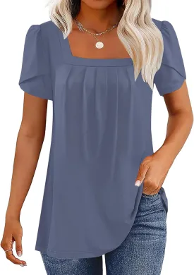 WNEEDU Womens T Shirts Casual Petal Short Sleeve Blouses Square Neck Summer Tops 2025 Pleated Tunic Loose Fit
