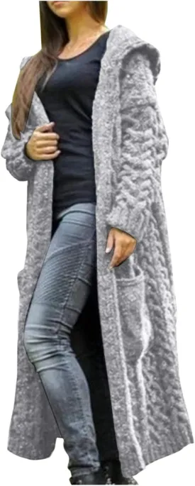 Women Chunky Knit Sweater Coats Solid Hooded Long Cardigan Sweaters Winter Outwear Loose Knitted Jacket with