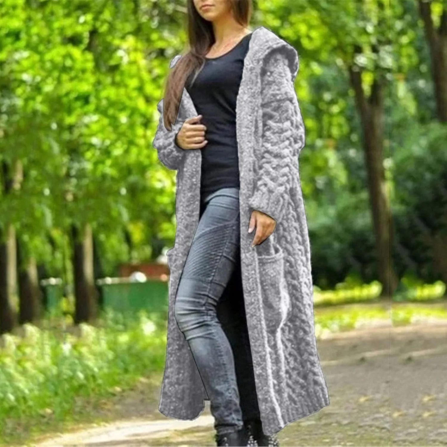 Women Chunky Knit Sweater Coats Solid Hooded Long Cardigan Sweaters Winter Outwear Loose Knitted Jacket with