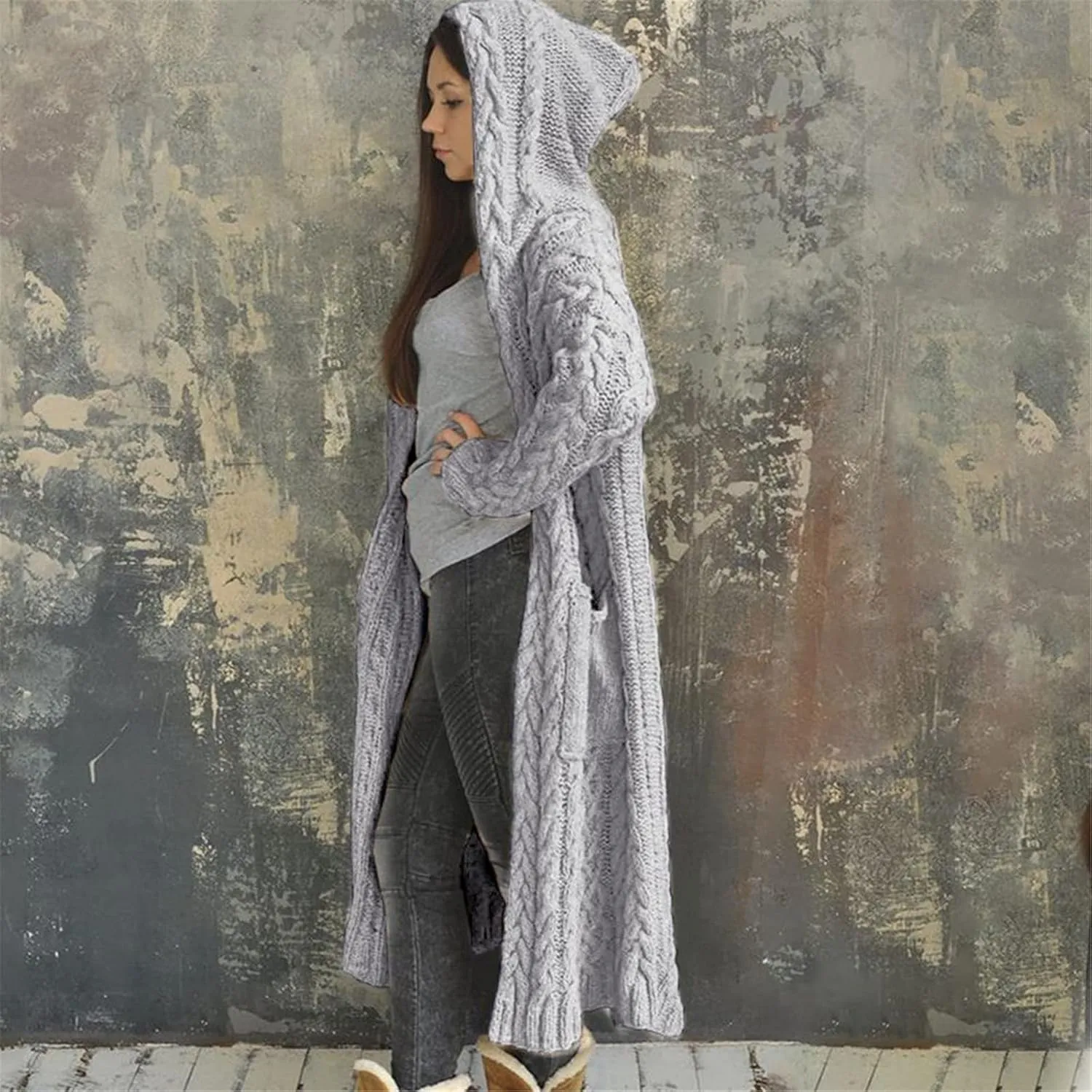 Women Chunky Knit Sweater Coats Solid Hooded Long Cardigan Sweaters Winter Outwear Loose Knitted Jacket with