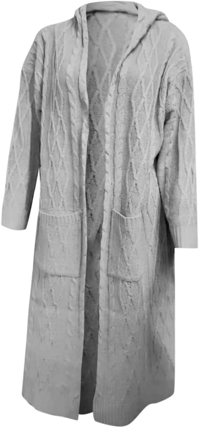 Women Chunky Knit Sweater Coats Solid Hooded Long Cardigan Sweaters Winter Outwear Loose Knitted Jacket with