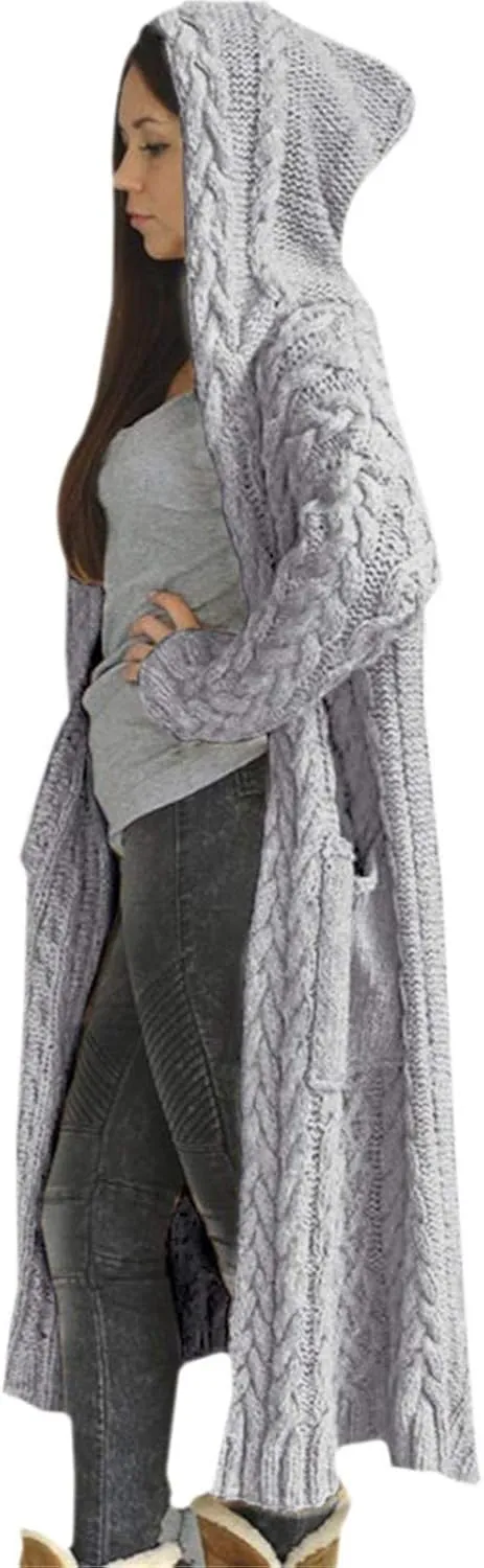 Women Chunky Knit Sweater Coats Solid Hooded Long Cardigan Sweaters Winter Outwear Loose Knitted Jacket with