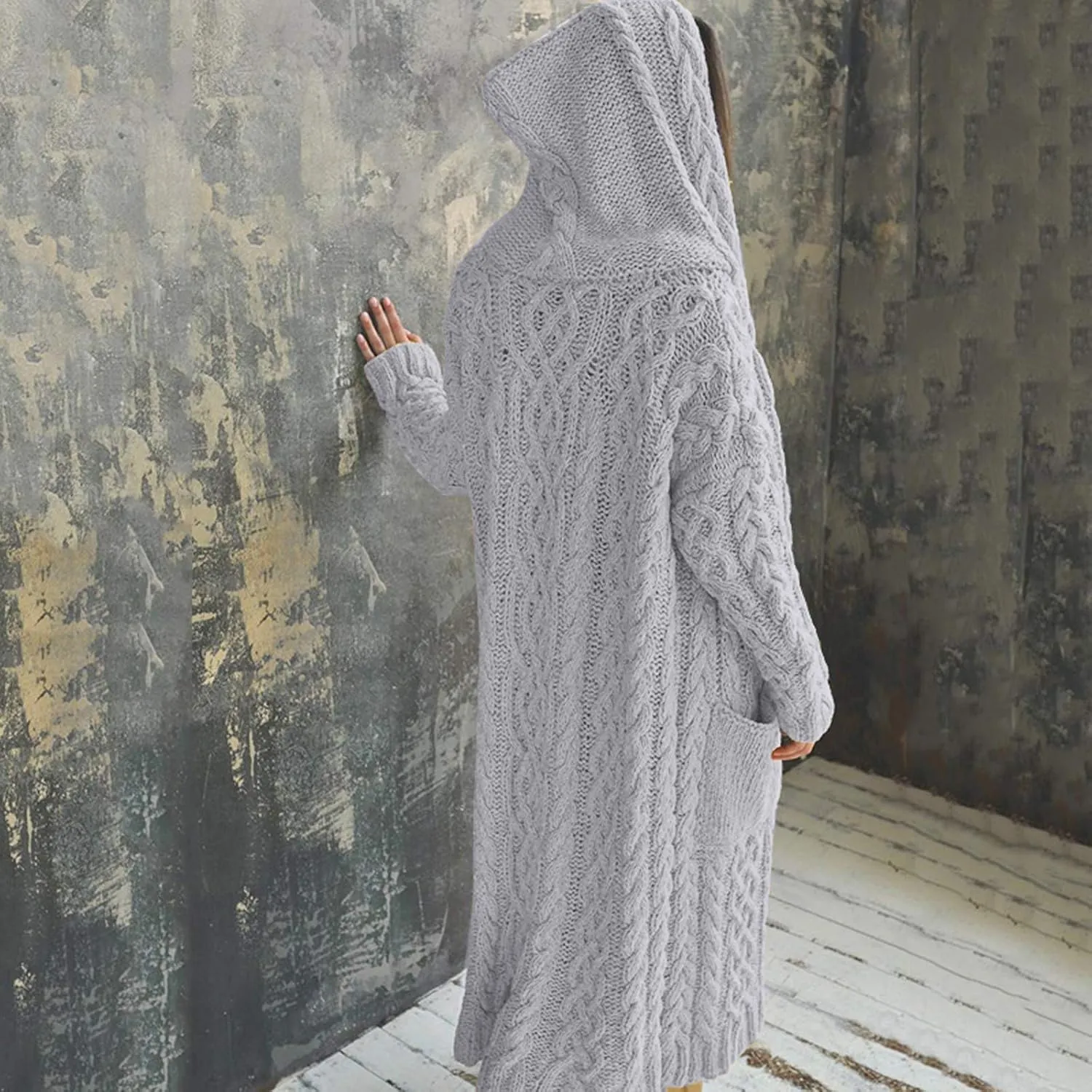 Women Chunky Knit Sweater Coats Solid Hooded Long Cardigan Sweaters Winter Outwear Loose Knitted Jacket with