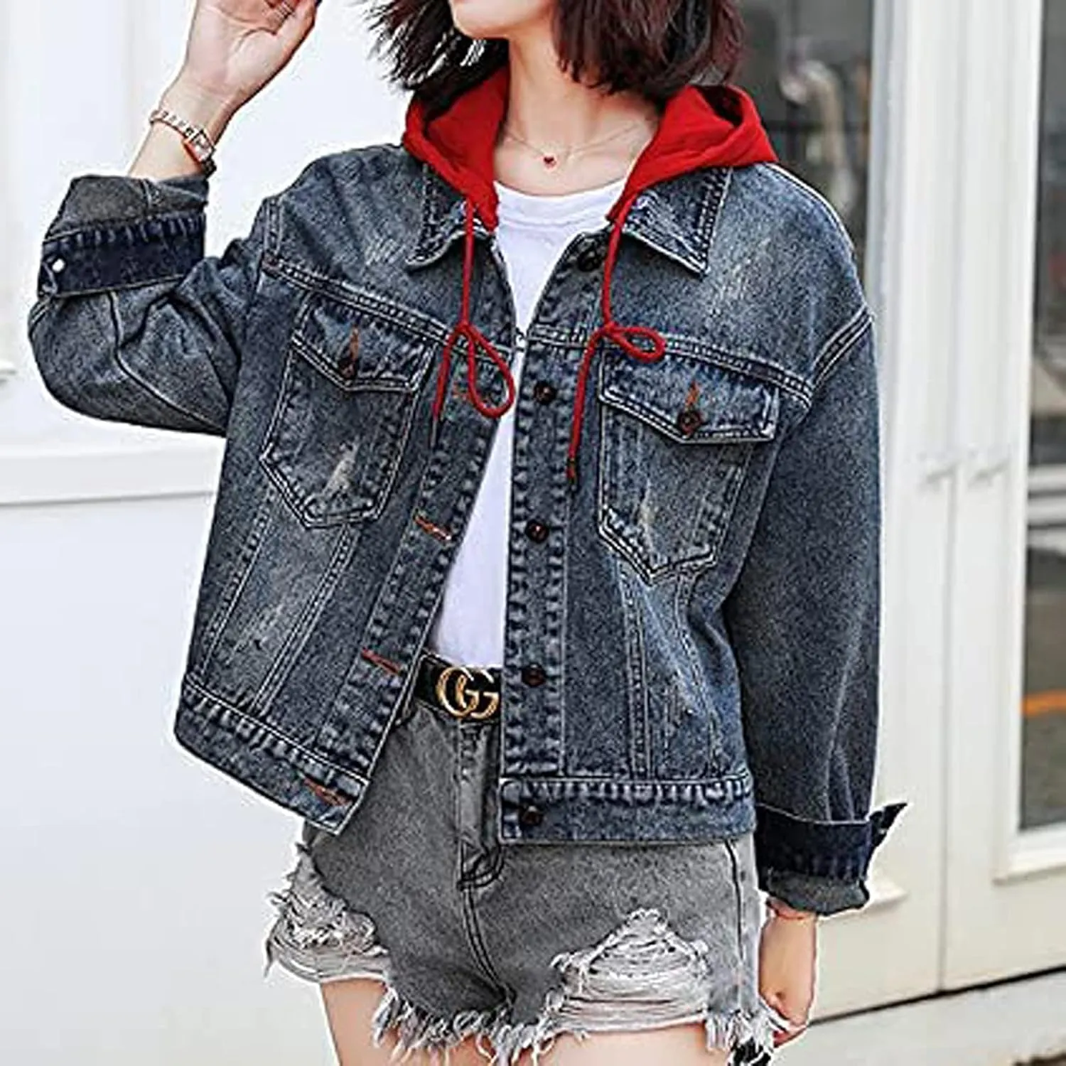 Women Denim Jacket With Hood,2021 Vintage Button Down Distressed Coat Short Jean Jacket Cute Coat With Pocket