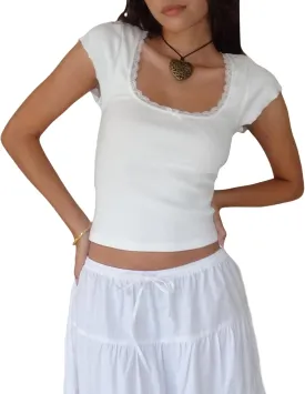Women Square Neck Shorts Sleeve Lace Trim Crop Tops Slim Fit Ribbed Cropped Shirts Top Y2K Shirt Going Out Tops Tee