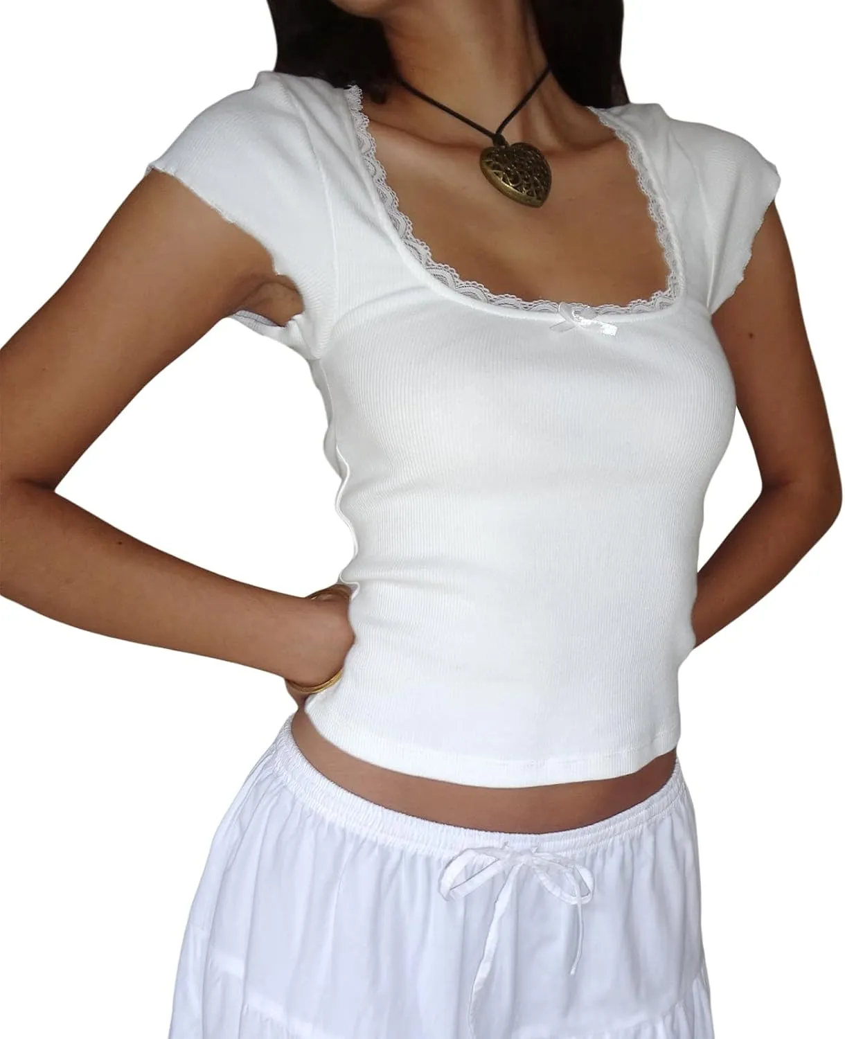 Women Square Neck Shorts Sleeve Lace Trim Crop Tops Slim Fit Ribbed Cropped Shirts Top Y2K Shirt Going Out Tops Tee