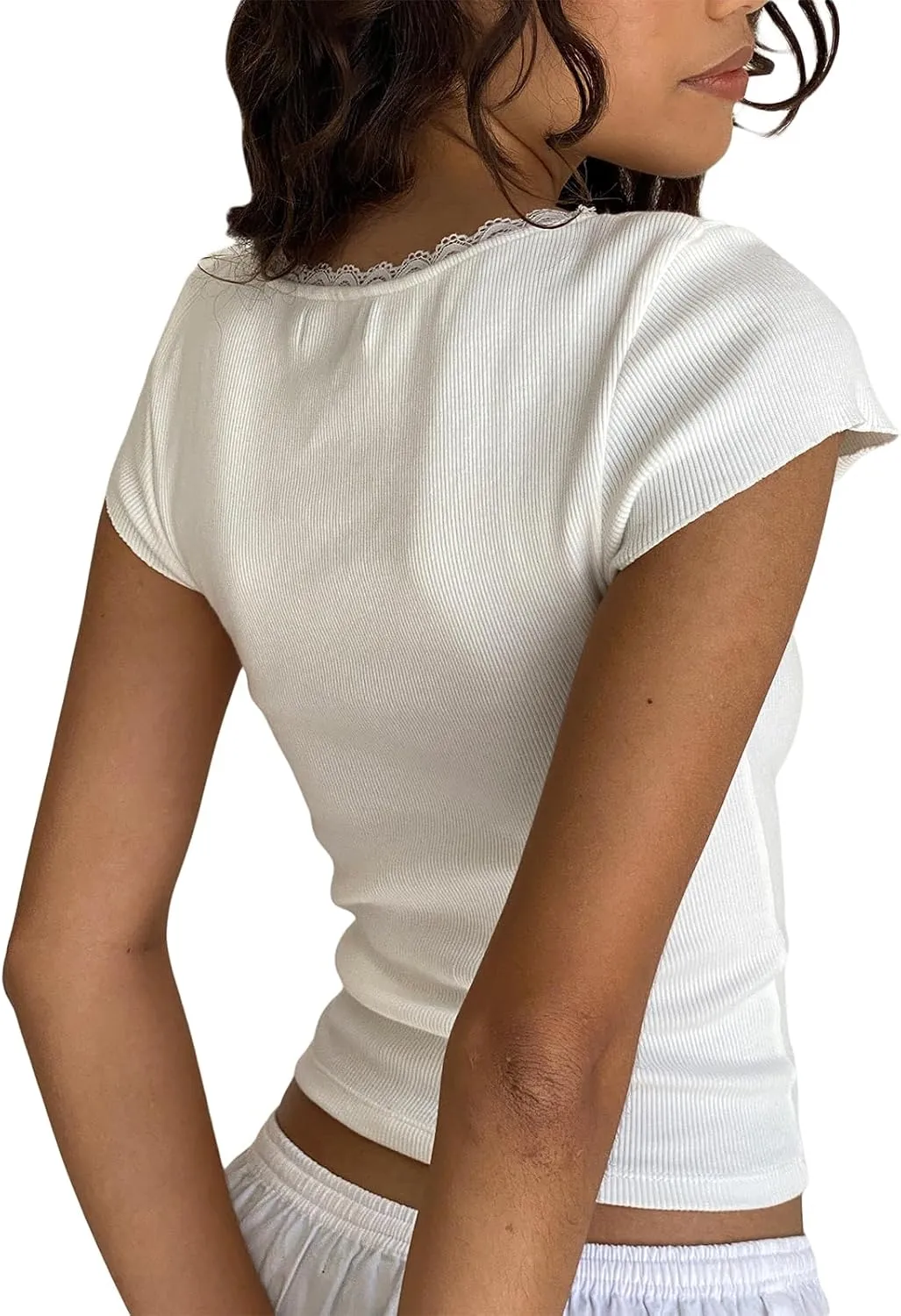 Women Square Neck Shorts Sleeve Lace Trim Crop Tops Slim Fit Ribbed Cropped Shirts Top Y2K Shirt Going Out Tops Tee