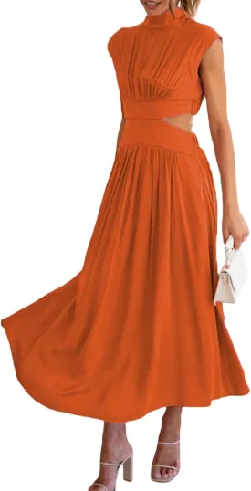 Women Summer Elegant Sleeveless Mock Neck Pleated Dress Swing Flowy Cutout High Waist Maxi Beach Long Dresses