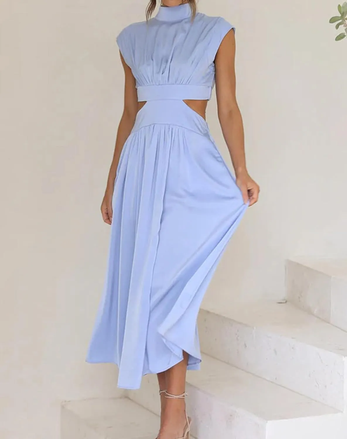 Women Summer Elegant Sleeveless Mock Neck Pleated Dress Swing Flowy Cutout High Waist Maxi Beach Long Dresses