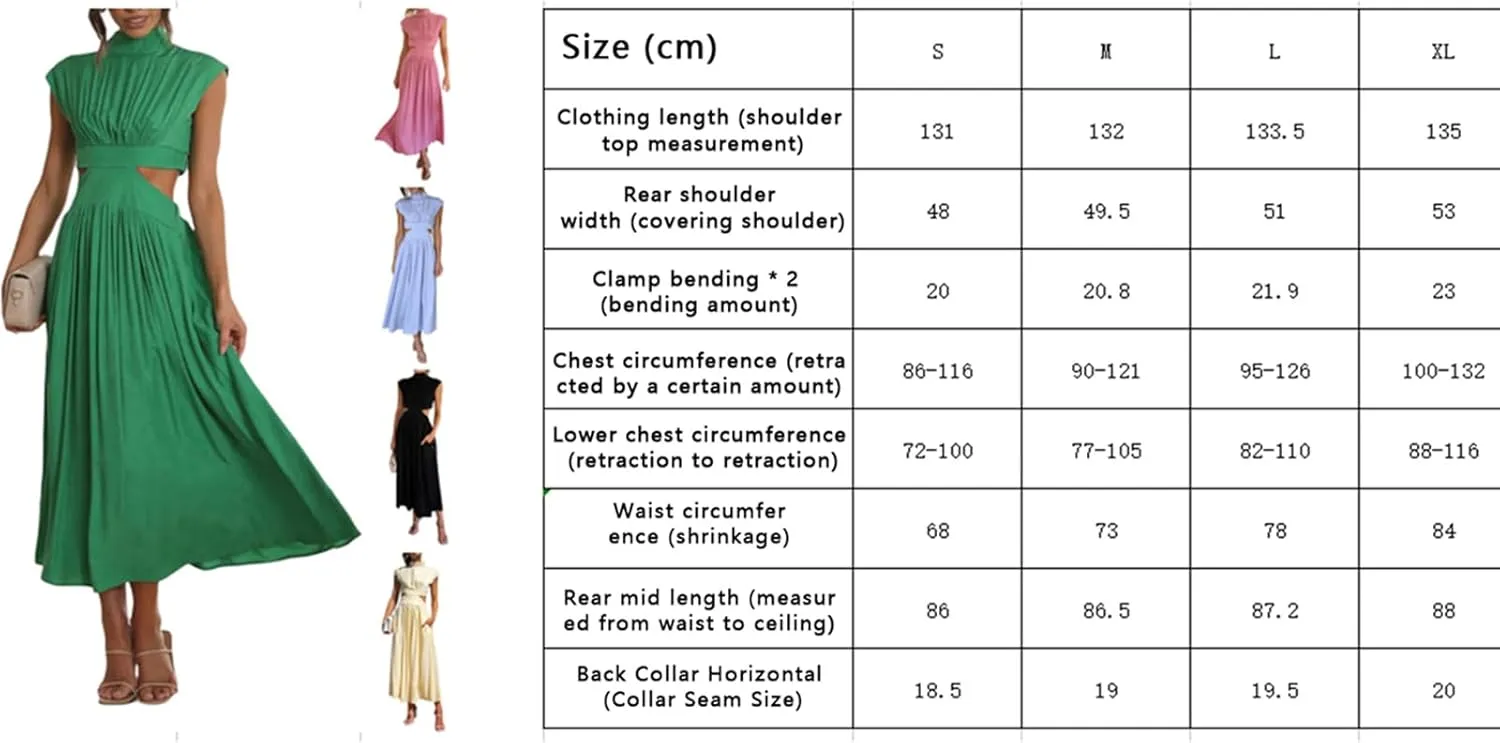 Women Summer Elegant Sleeveless Mock Neck Pleated Dress Swing Flowy Cutout High Waist Maxi Beach Long Dresses