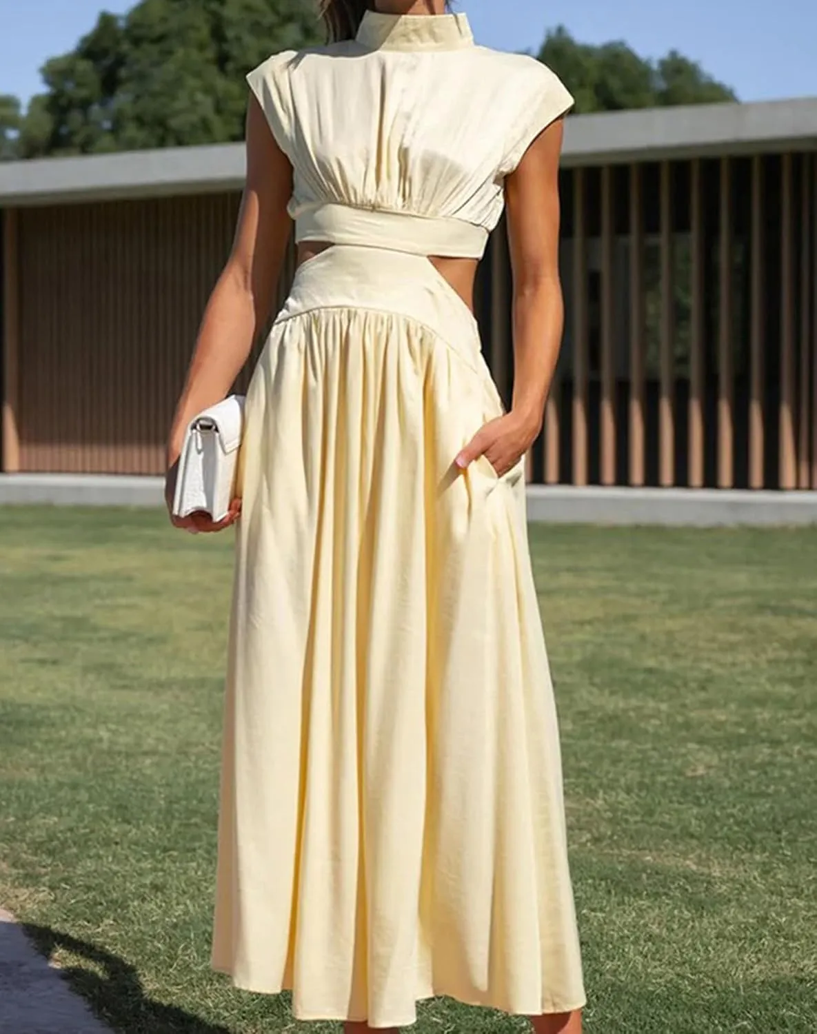 Women Summer Elegant Sleeveless Mock Neck Pleated Dress Swing Flowy Cutout High Waist Maxi Beach Long Dresses