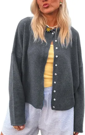Women Y2k Long Sleeve Crop Cardigan Knitted Solid Color Fuzzy Button Down Sweater Shirt Teen Girls Clothes