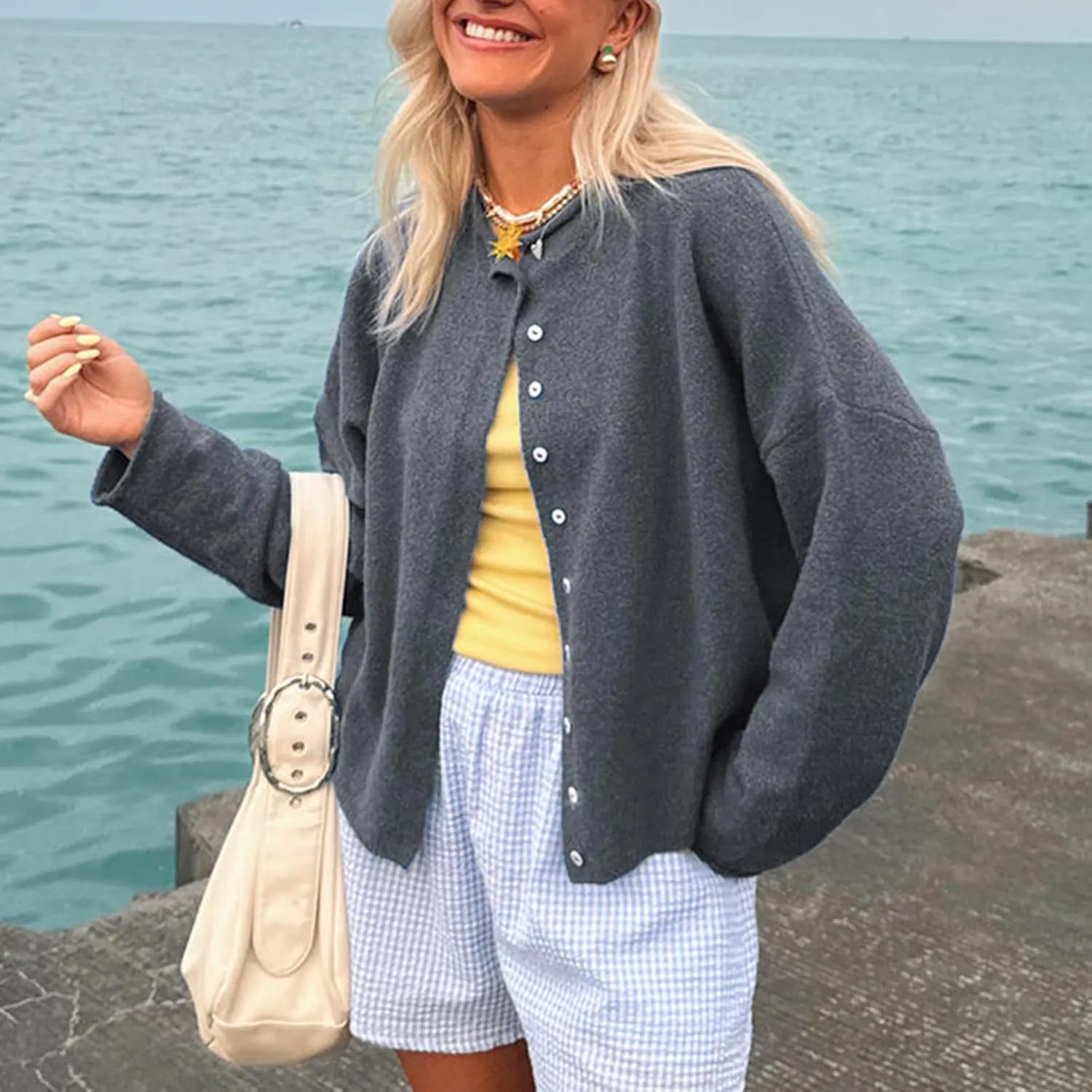 Women Y2k Long Sleeve Crop Cardigan Knitted Solid Color Fuzzy Button Down Sweater Shirt Teen Girls Clothes