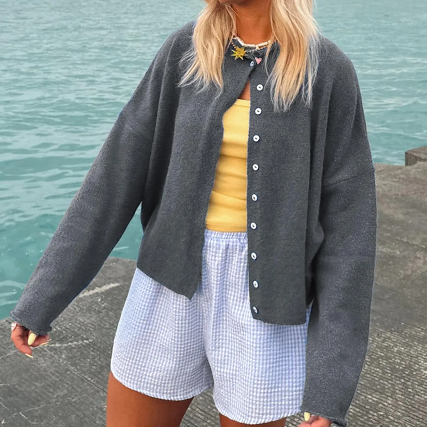 Women Y2k Long Sleeve Crop Cardigan Knitted Solid Color Fuzzy Button Down Sweater Shirt Teen Girls Clothes