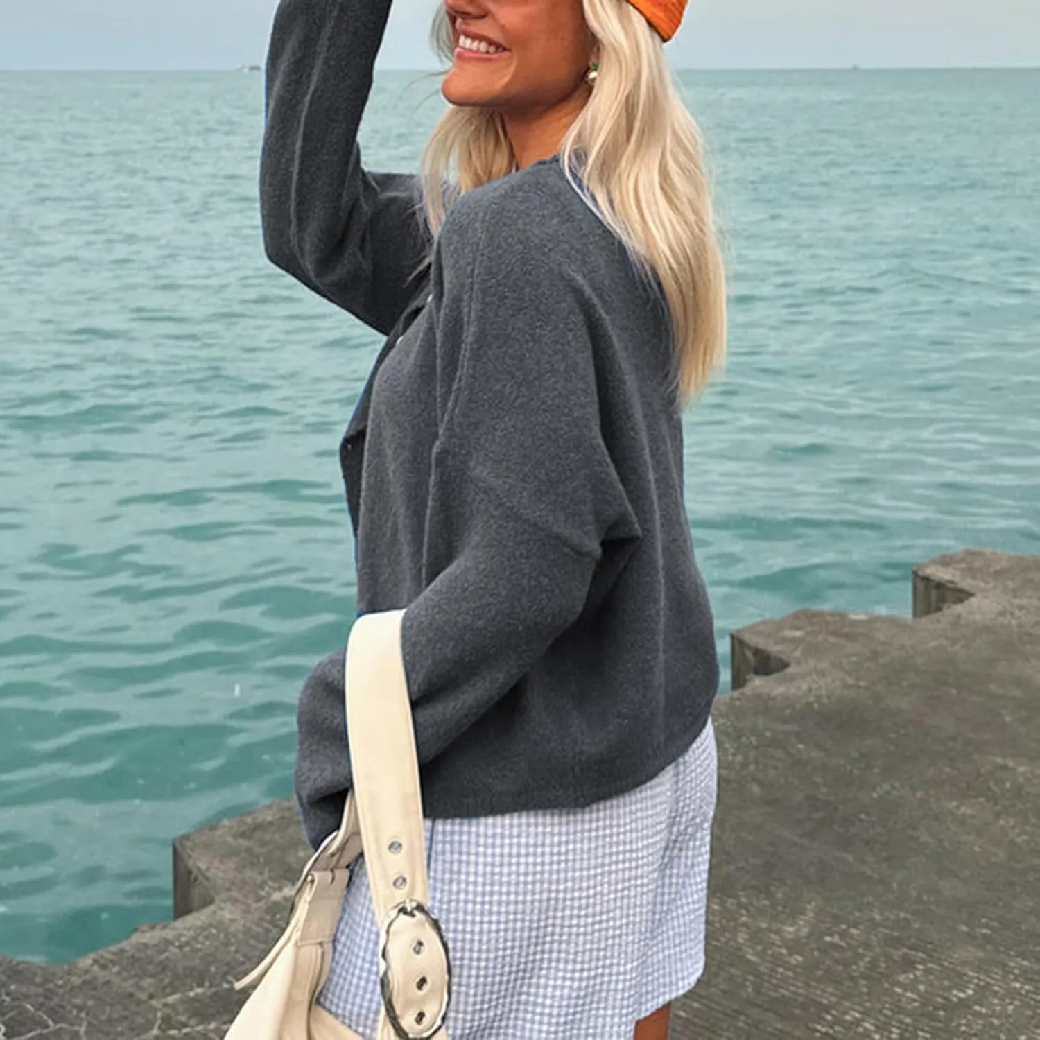 Women Y2k Long Sleeve Crop Cardigan Knitted Solid Color Fuzzy Button Down Sweater Shirt Teen Girls Clothes