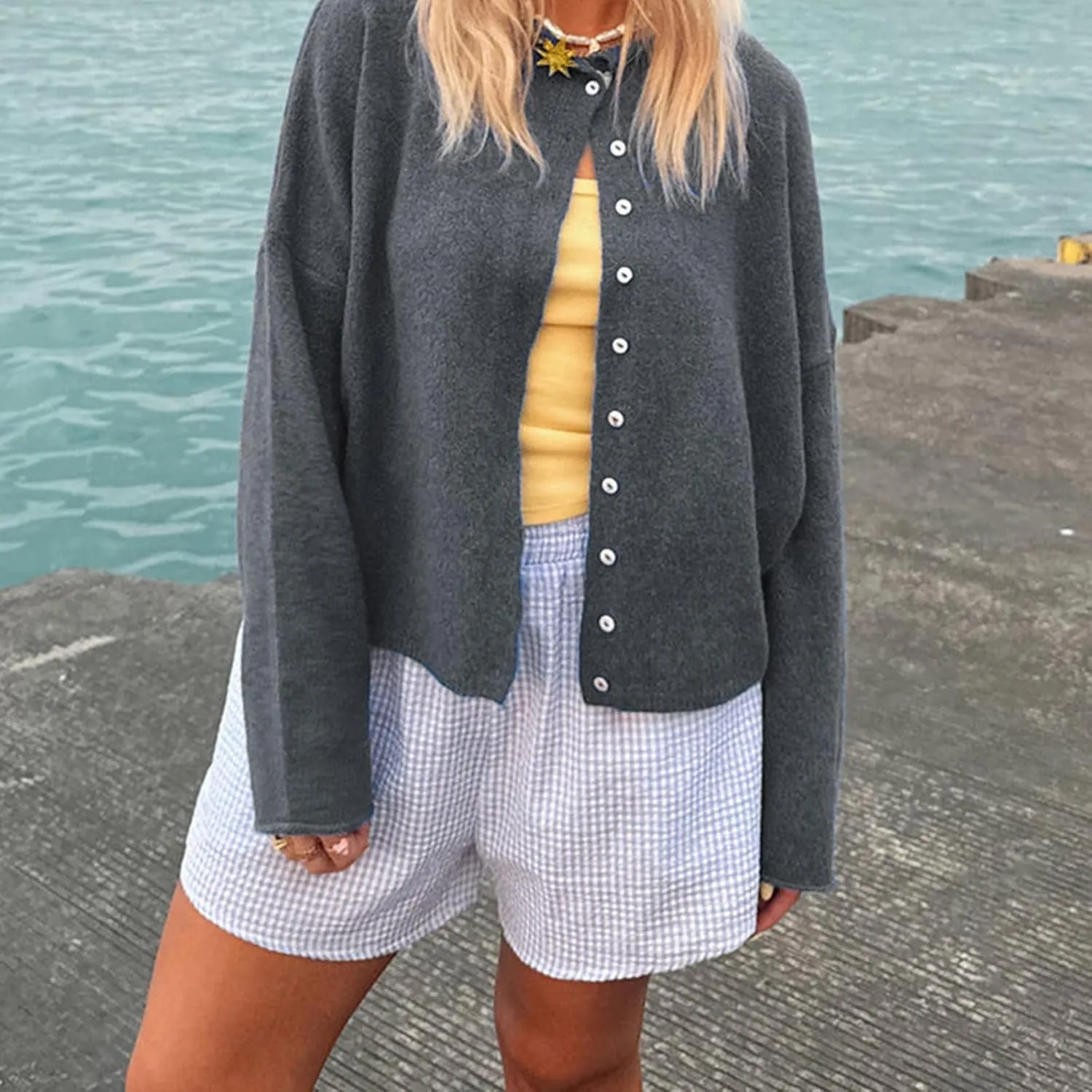 Women Y2k Long Sleeve Crop Cardigan Knitted Solid Color Fuzzy Button Down Sweater Shirt Teen Girls Clothes