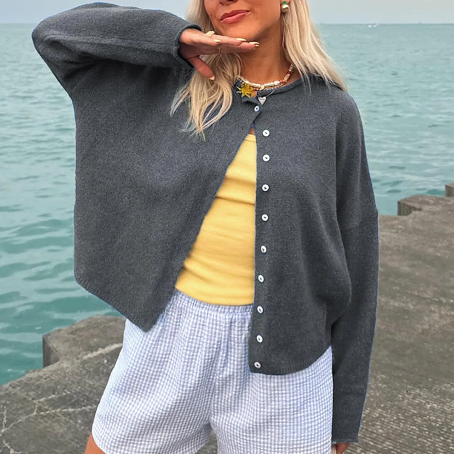 Women Y2k Long Sleeve Crop Cardigan Knitted Solid Color Fuzzy Button Down Sweater Shirt Teen Girls Clothes