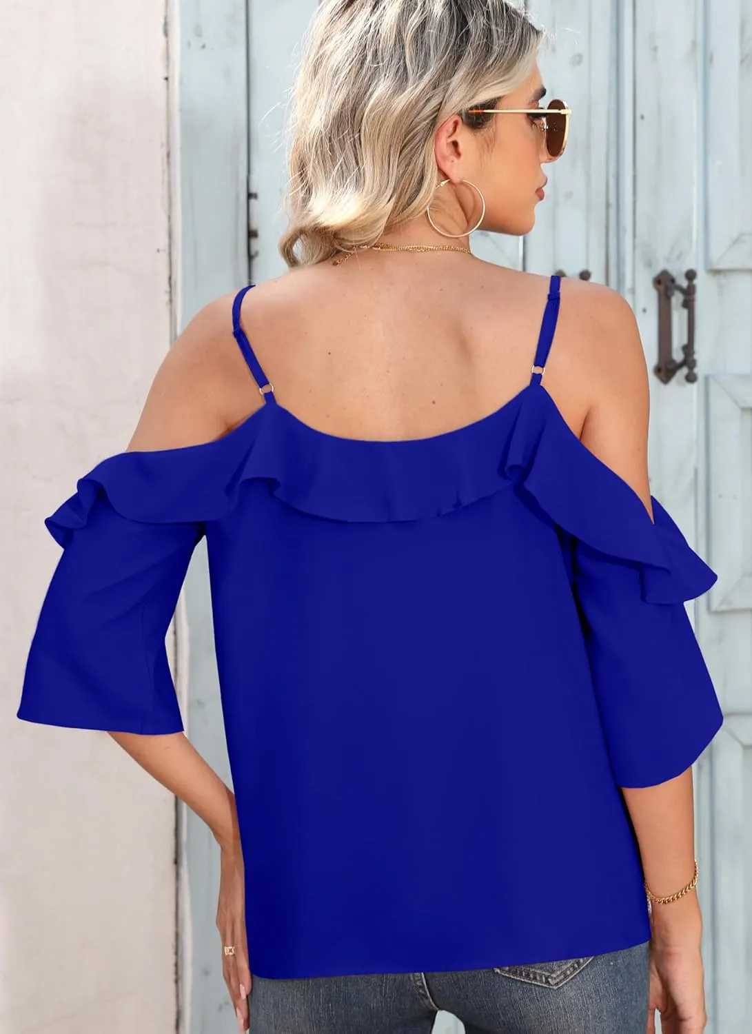 Women's Cold Shoulder Blouses Ruffle Dressy Casual 3/4 Sleeve Chiffon Tops Flowy Adjustable Strap Summer Shirt