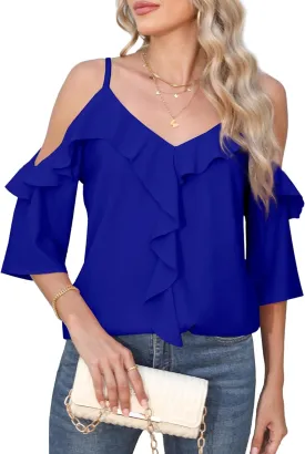 Women's Cold Shoulder Blouses Ruffle Dressy Casual 3/4 Sleeve Chiffon Tops Flowy Adjustable Strap Summer Shirt
