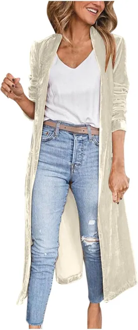 Women's Long Velvet Cardigan Jacket Lapel Collar Open Front Vintage Cardigan 2024 Trendy Solid Color Casual Long Top