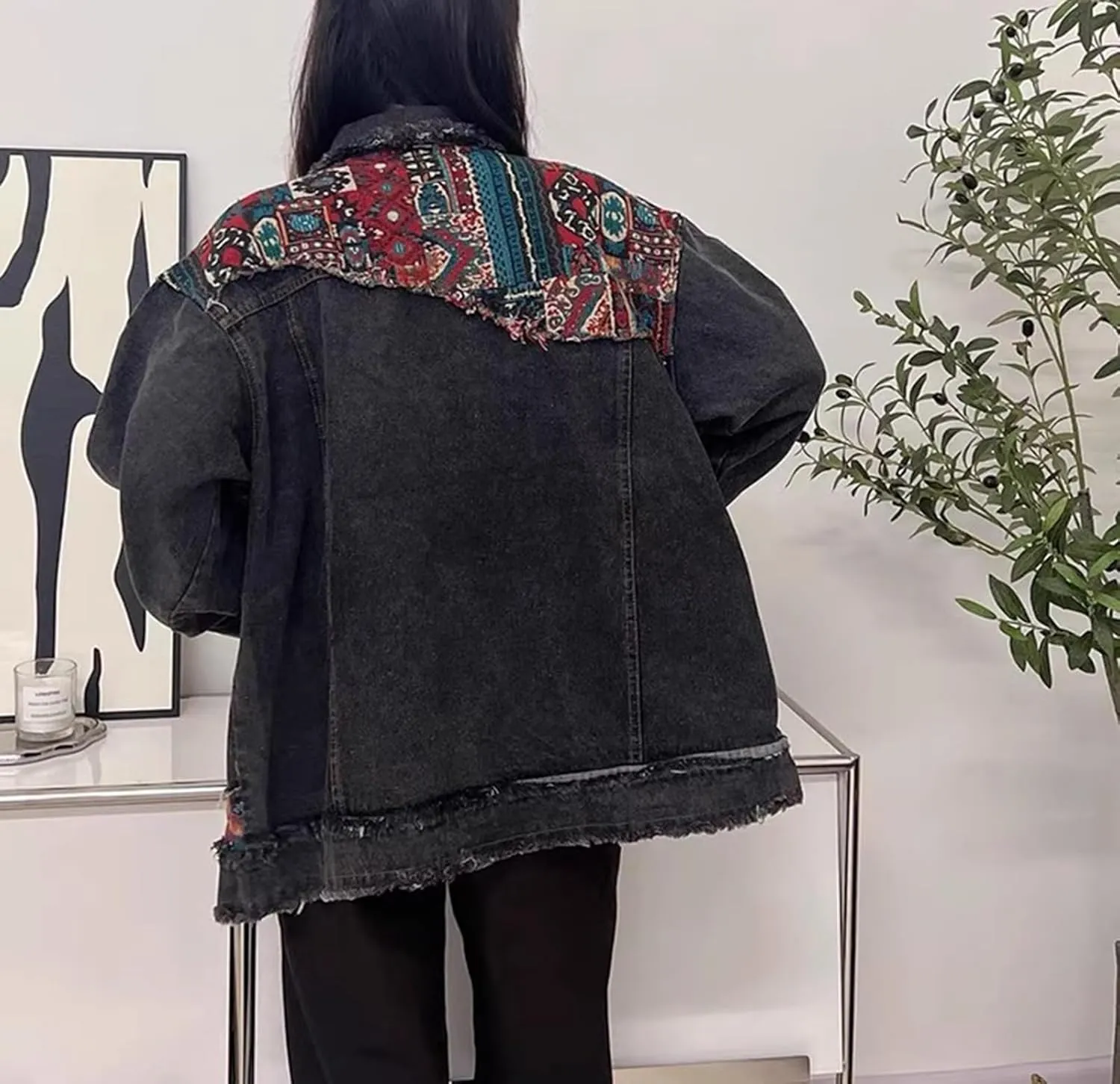Women's Oversized Denim Jacket Long Sleeve Button Down Embroidery Ethnic Style Jean Jackets