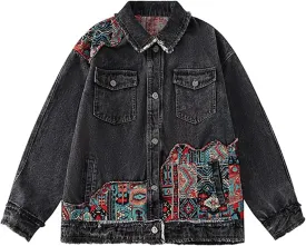 Women's Oversized Denim Jacket Long Sleeve Button Down Embroidery Ethnic Style Jean Jackets