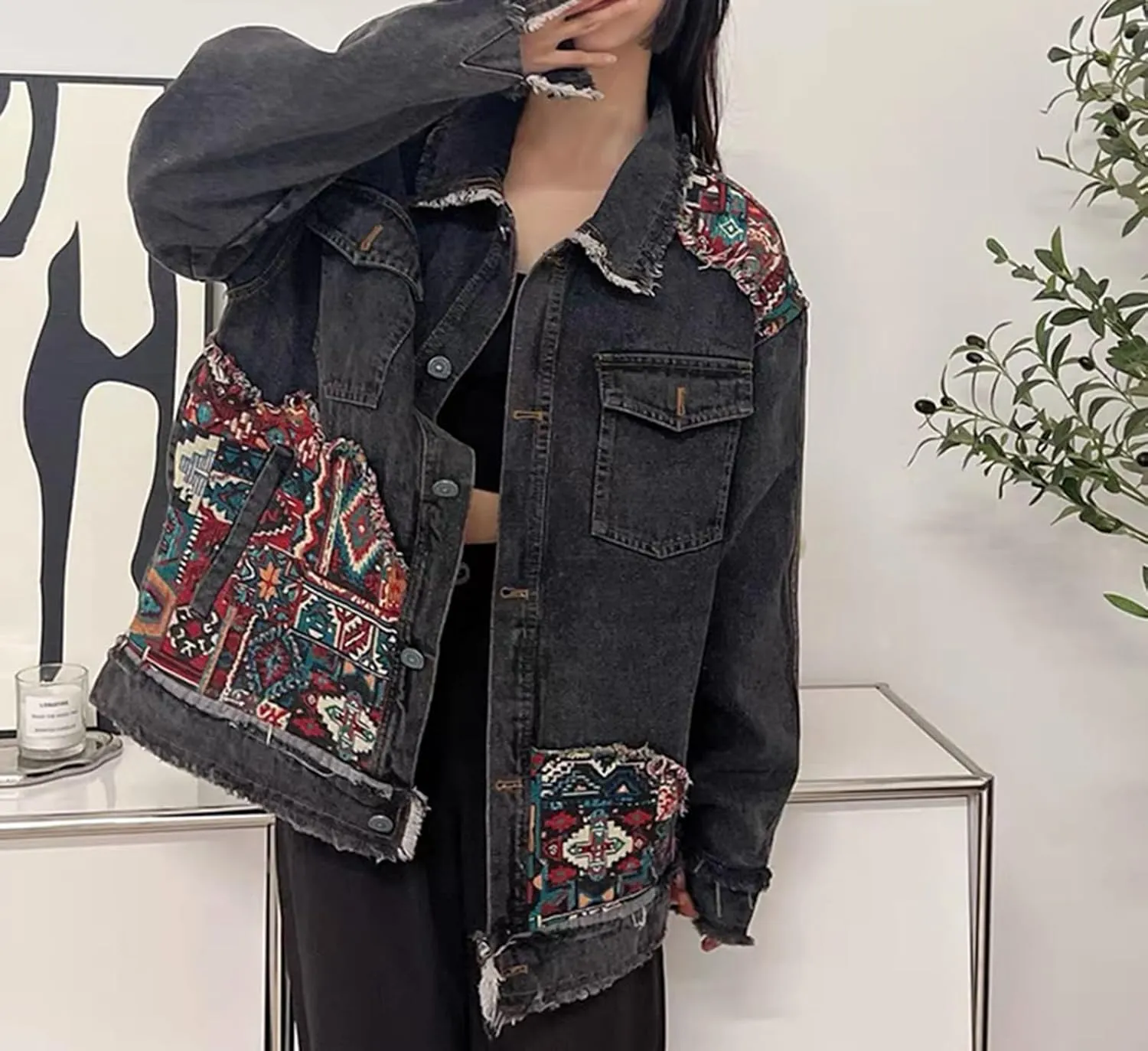 Women's Oversized Denim Jacket Long Sleeve Button Down Embroidery Ethnic Style Jean Jackets